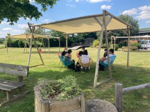 Pergola ODYSSÉE en eucalyptus et toile d'ombrage